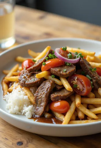 Lomo Saltado au bœuf, servi avec légumes et aminos de coco