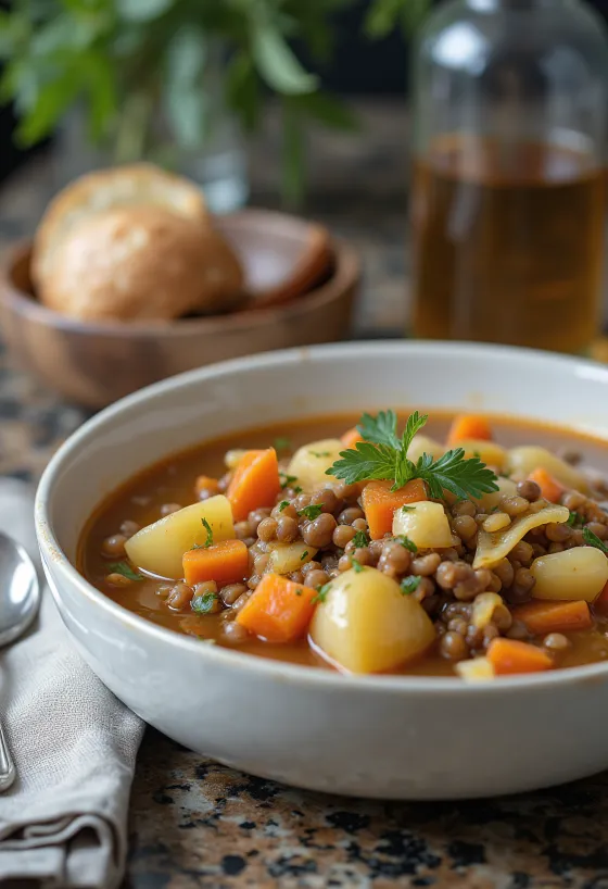 Soupe Minestrone servie avec lentilles, beaucoup de légumes et pâtes dans une assiette creuse