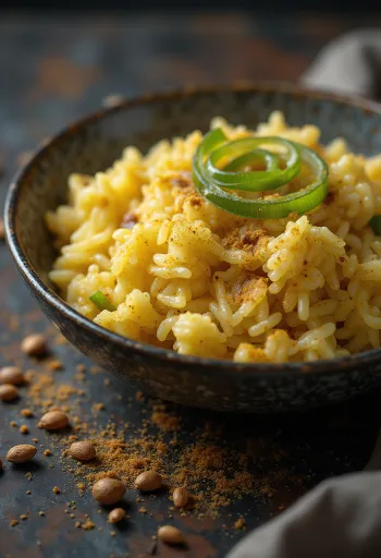 Riz épicé aux poireaux prébiotique servi avec de la coriandre fraîche