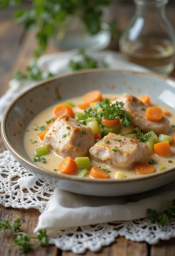 Fricassée de lapin servie avec une sauce crémeuse et garnie de persil frais