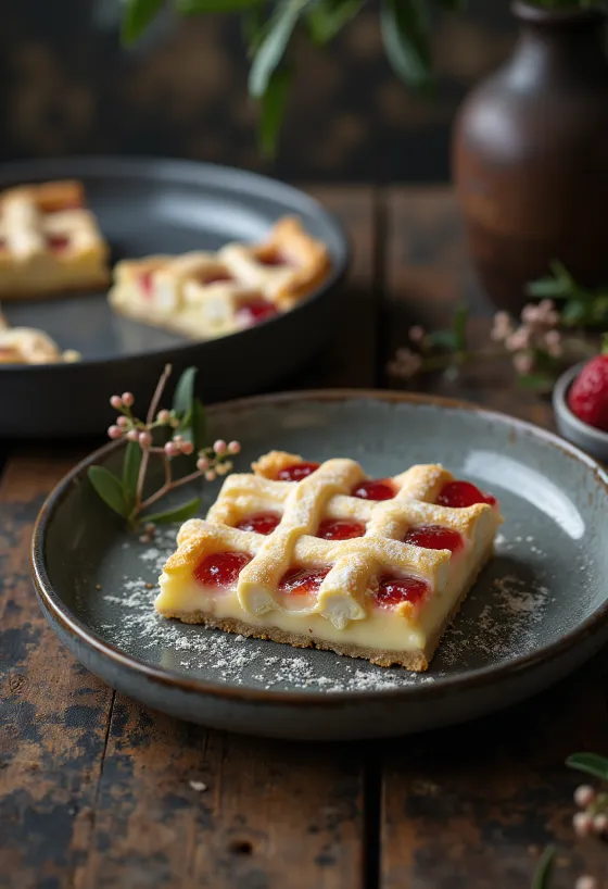 Tarte Rákóczi au fromage blanc avec meringue dorée et confiture d'abricot
