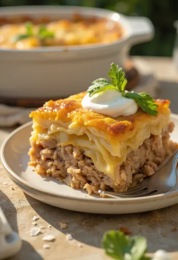 Gratin de choucroute traditionnel, en couches de viande hachée et riz, servi avec crème fraîche.