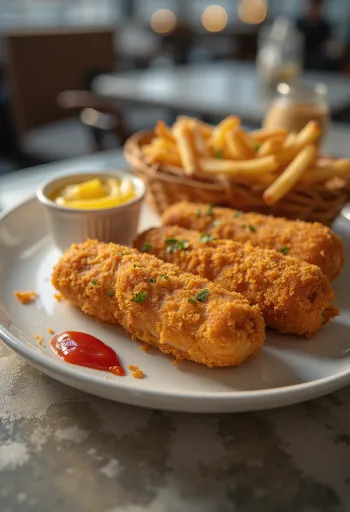 Saucisses panées frites dorées, servies en croûte croustillante avec de la moutarde fraîche et du ketchup.