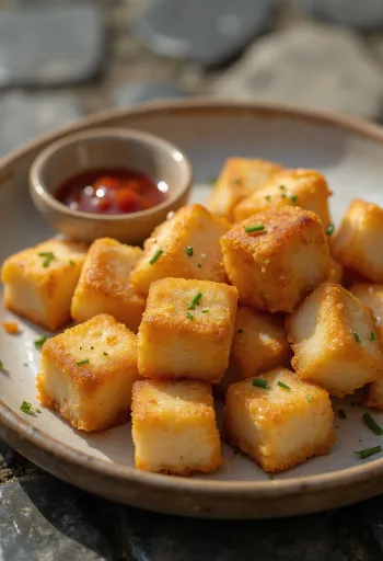 Tofu frit croustillant, cubes dorés