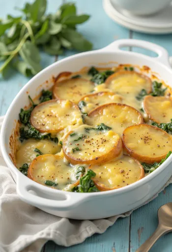 Gratin de pommes de terre aux épinards vegan servi