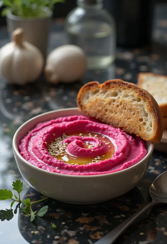 Houmous à la betterave servi avec des toasts