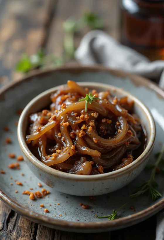 Sauce aux oignons caramélisés et piment dans un bol, décorée de piment frais.