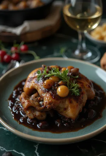 Coq au Vin servi avec persil frais et pain