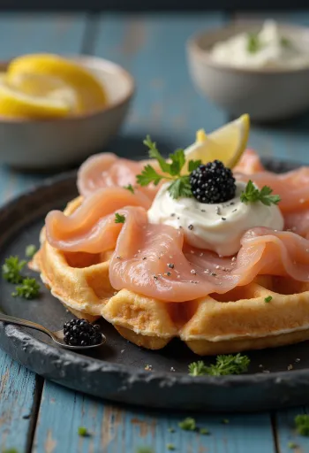 Gaufre au saumon fumé et caviar servie