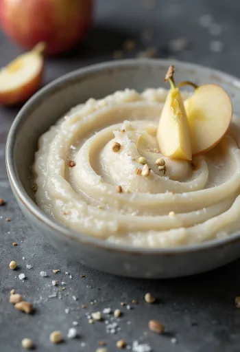 Purée ail-pomme dans un bol en céramique, entourée de pommes et gousses d'ail