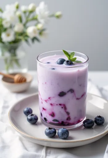 Kéfir probiotique aux myrtilles décoré de myrtilles fraîches