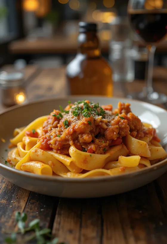 Ragù de lapin servi avec des pappardelles et garni de romarin frais