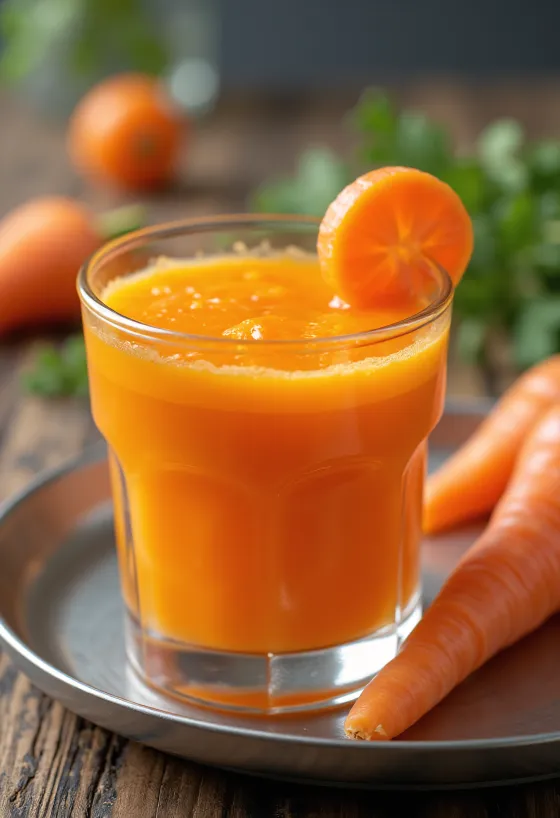 Jus de Carotte dans un grand verre, décoré de carotte fraîche et de fruits