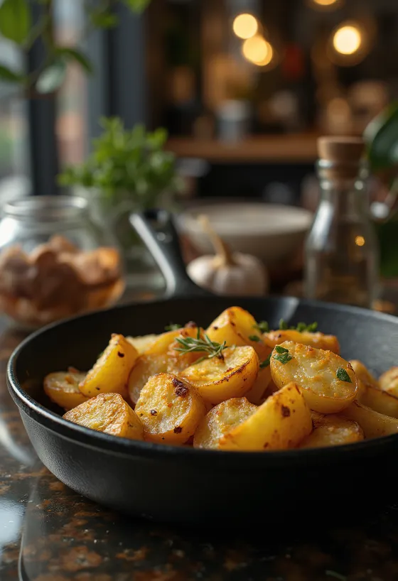 Pommes de terre rôties au four dorées et croustillantes avec herbes fraîches.