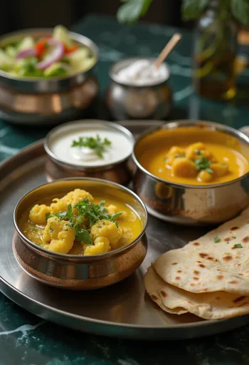 Thali d'Inde du Nord, avec riz basmati, aloo gobi, dal, chapati et pappadam
