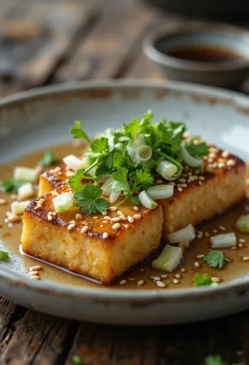 Steak de tofu au sésame décoré de coriandre fraîche
