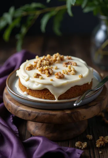 Gâteau aux carottes vegan servi avec crème de noix de cajou