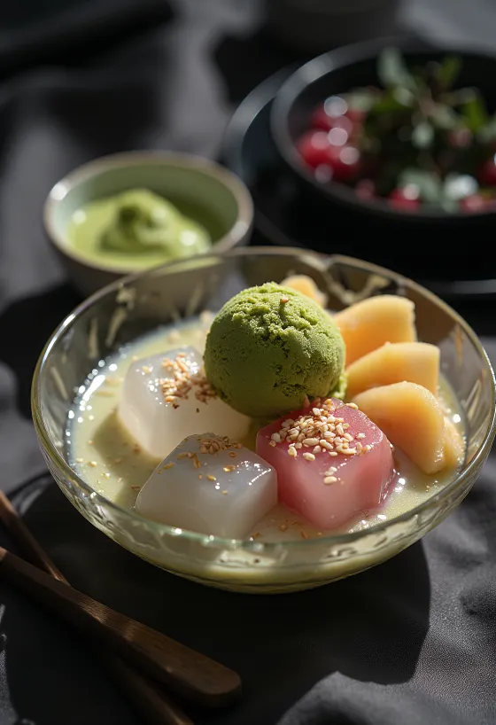 Anmitsu servi avec fruits, anko et glace matcha