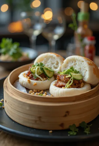 Bao au porc fumé rôti servi avec coriandre fraîche et sauce hoisin