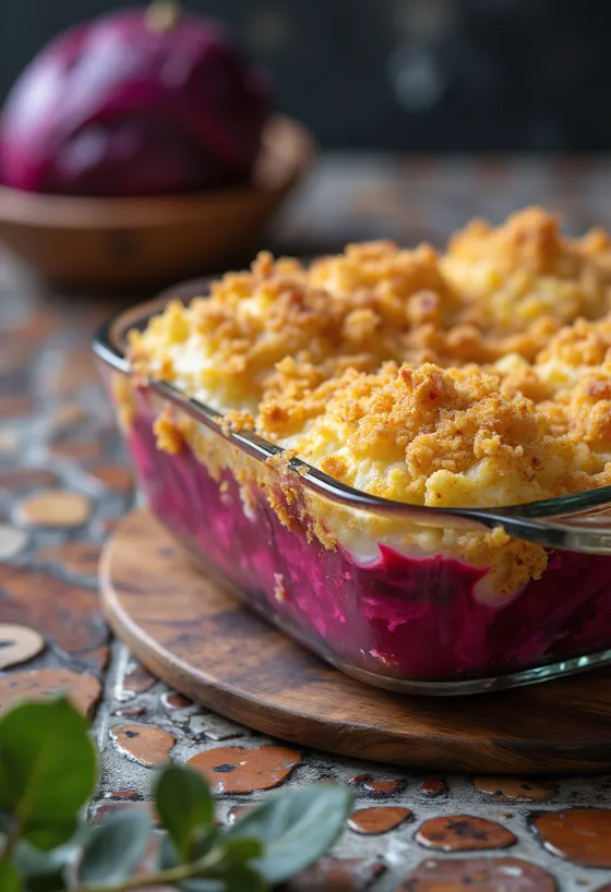 Gratin de chou frisé à la betterave servi