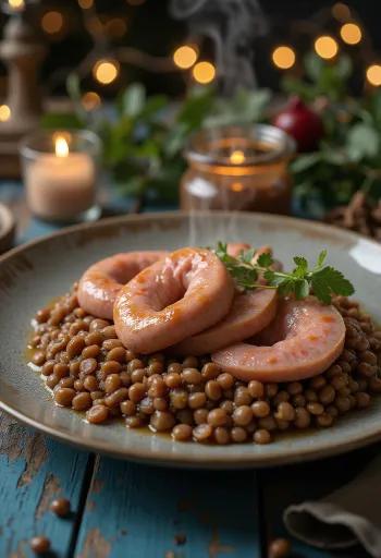Cotechino, saucisse italienne servie avec des lentilles
