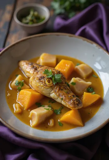 Curry de crocodile et citrouille servi dans un bol avec de la coriandre fraîche.