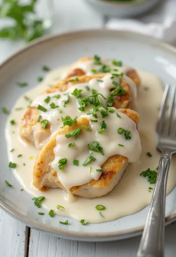 Blanc de poulet juteux en sauce crémeuse, saupoudré de persil frais et servi avec des pâtes.