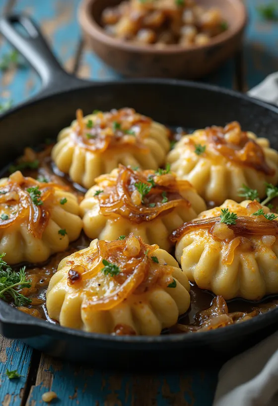 Dödölle croustillant servi avec de la crème fraîche et des oignons frits