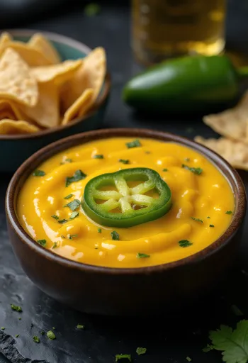 Sauce fromage jaune onctueuse avec morceaux de piment vert