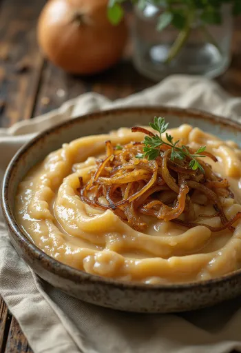 Sauce aux oignons caramélisés servie avec du pain frais