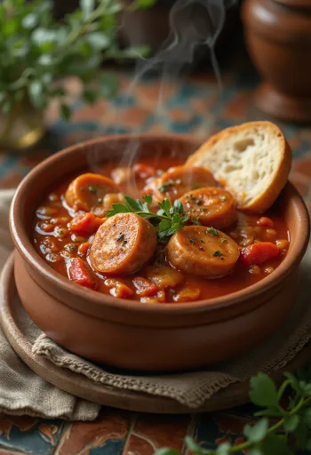 Lecsó à la saucisse servi avec poivron frais, tomate et saucisse fumée