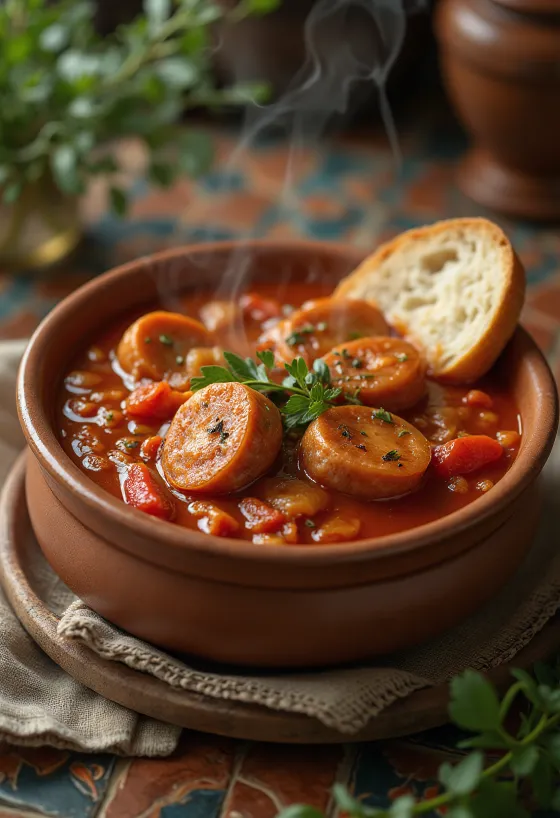 Lecsó à la saucisse servi avec poivron frais, tomate et saucisse fumée