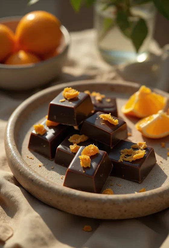 Chocolat à l'orange servi sur une assiette