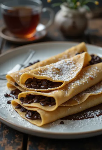 Patishapta fourrés au chocolat, servi avec noix et cannelle
