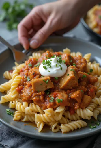 Ragoût de porc haché servi avec des pâtes et de la crème