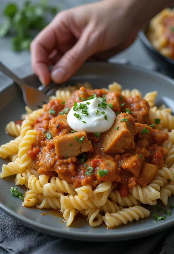 Ragoût de porc haché servi avec des pâtes et de la crème