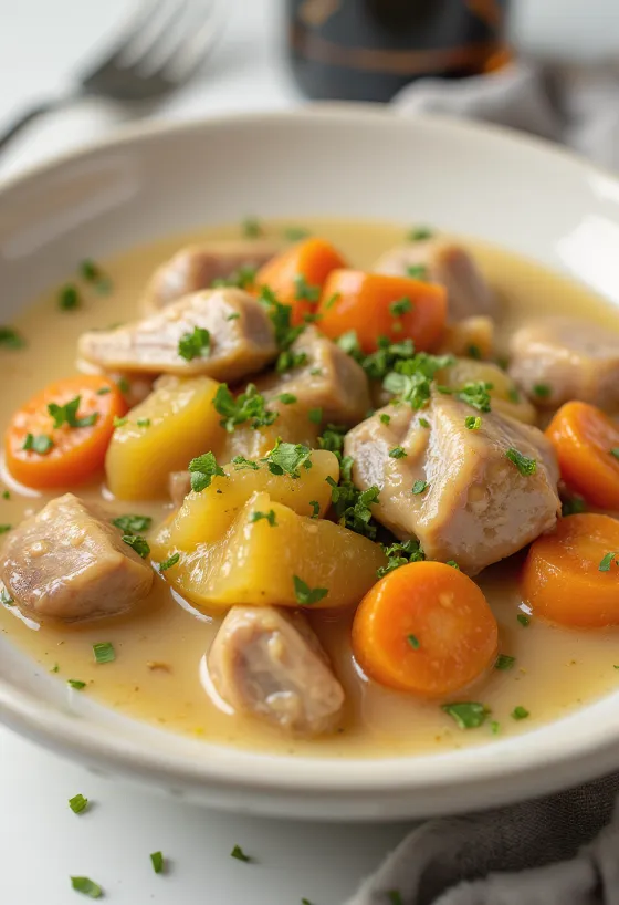 Civet de lapin au vin blanc et aux herbes servi dans un bol rustique