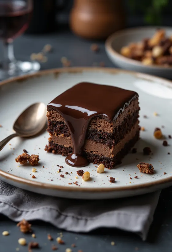 Tranche de gâteau au chocolat Rigó Jancsi sur une assiette blanche