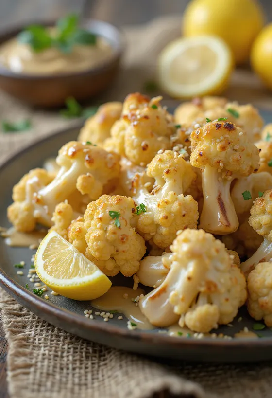 Salade de chou-fleur rôti sauce tahini, servie avec du persil frais et du sésame grillé.
