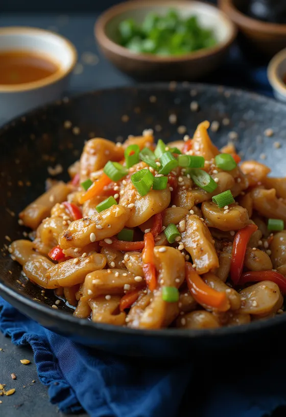 Sauté de crocodile au wok servi avec du riz et des légumes.