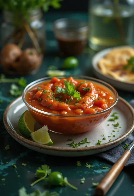 Sauce tomate au citron vert et piments jalapeños servie