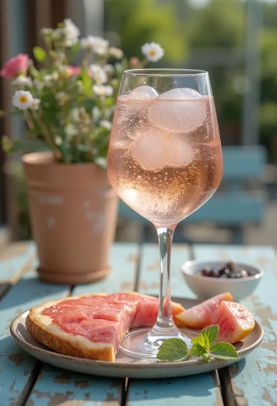 Spritz au Rosé servi avec tranche de citron et glace