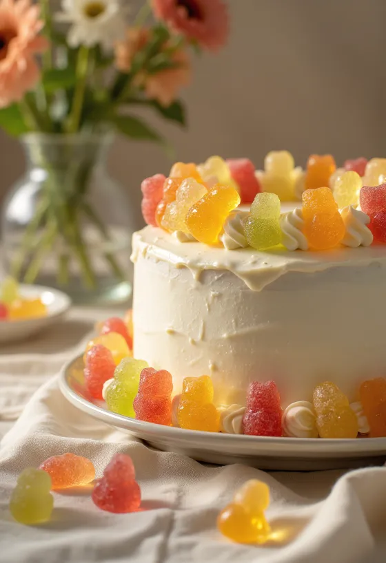 Gâteau coloré aux bonbons gélifiés avec couverture en pâte à sucre