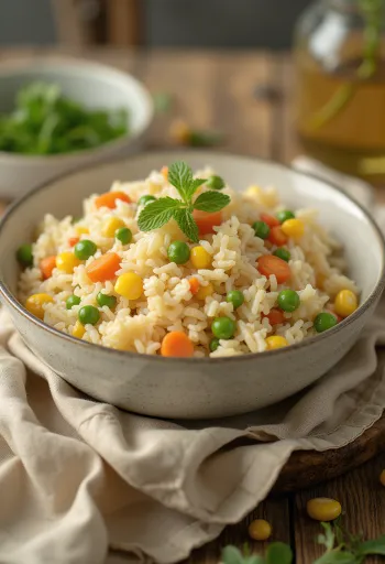 Riz aux légumes, parsemé de légumes colorés et d'herbes fraîches