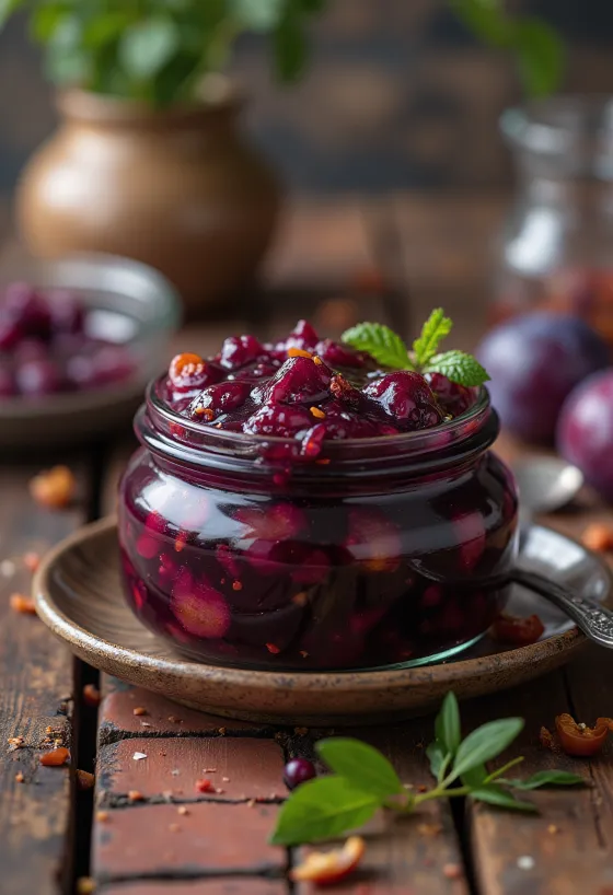 Chutney de prunes épicé en bocal et servi.