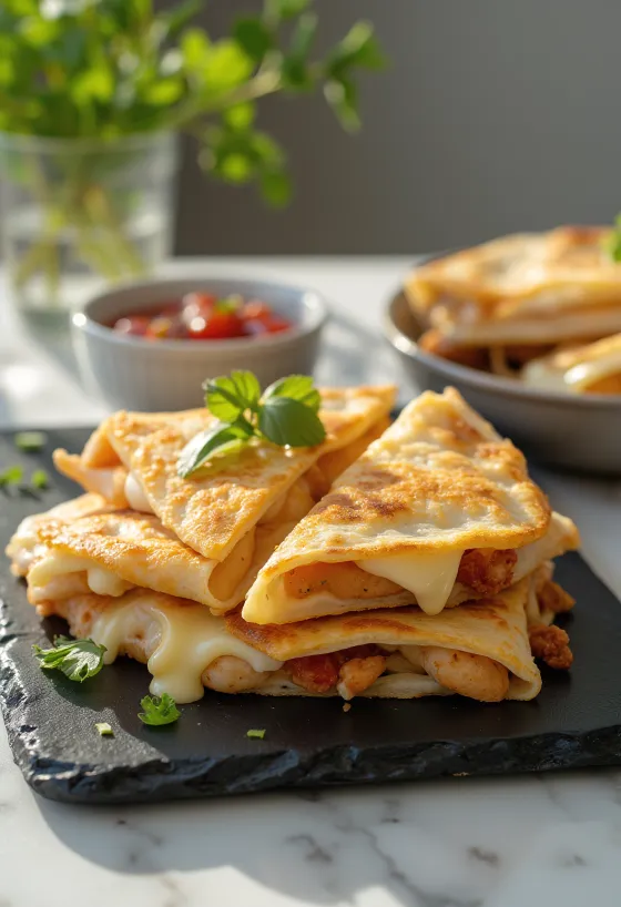 Quesadilla au poulet dorée, fromage fondu et herbes fraîches