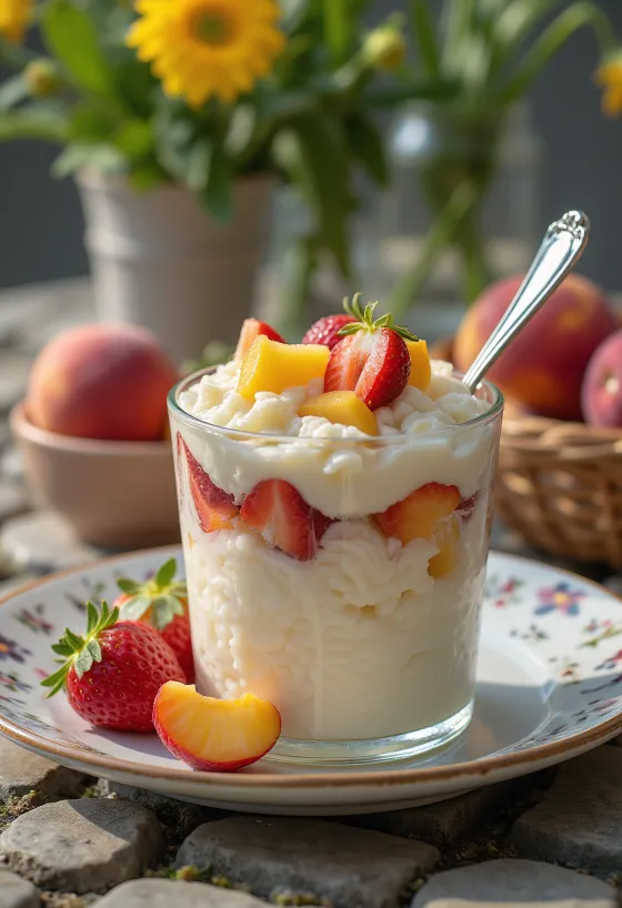 Riz aux fruits décoré de morceaux de fruits frais et de crème fouettée