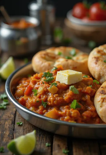 Pav Bhaji aux épices Kolhapuri, servi avec un pain indien et de la coriandre fraîche