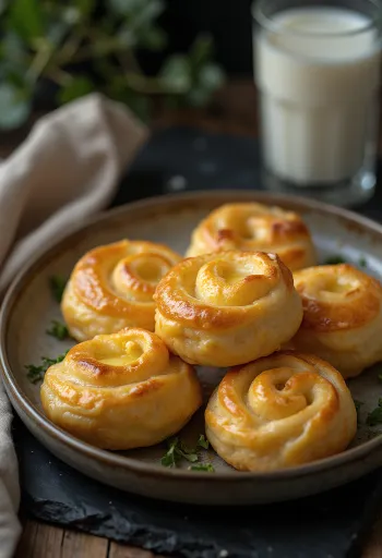 Escargot au fromage doré au four avec pâte croustillante et fromage fondu, servi sur un plateau.