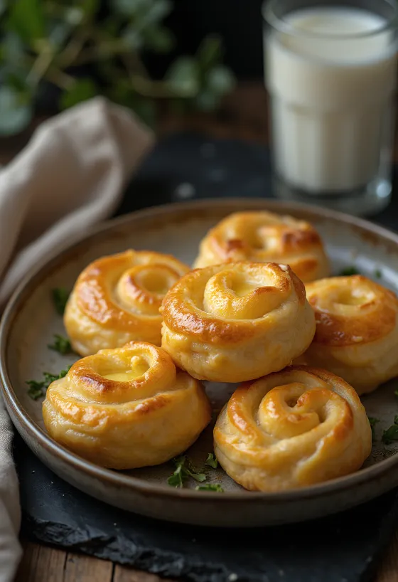 Escargot au fromage doré au four avec pâte croustillante et fromage fondu, servi sur un plateau.